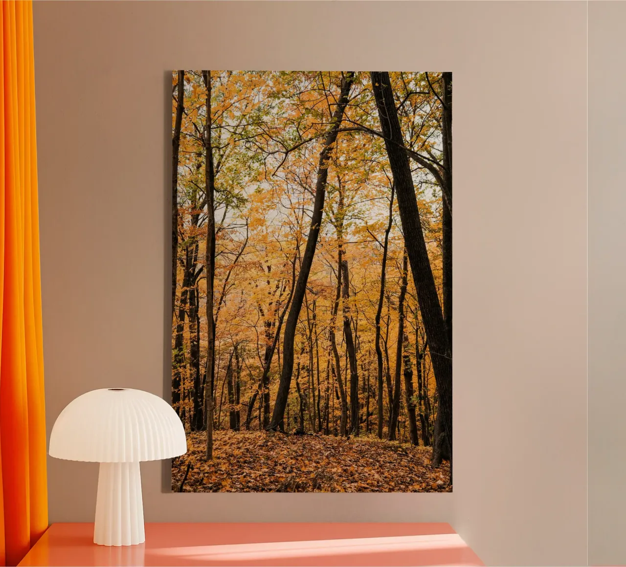 Herbstwald auf dem Hügel Leinwand mit Schattenfugenrahmen von Liam Johnson