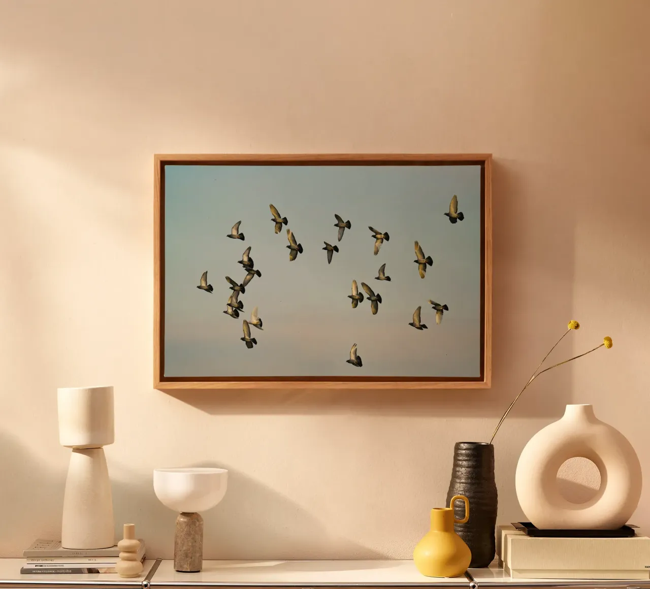 Vogelschwarm Fliegen Leinwand mit Schattenfugenrahmen von Benjamin Pelletier