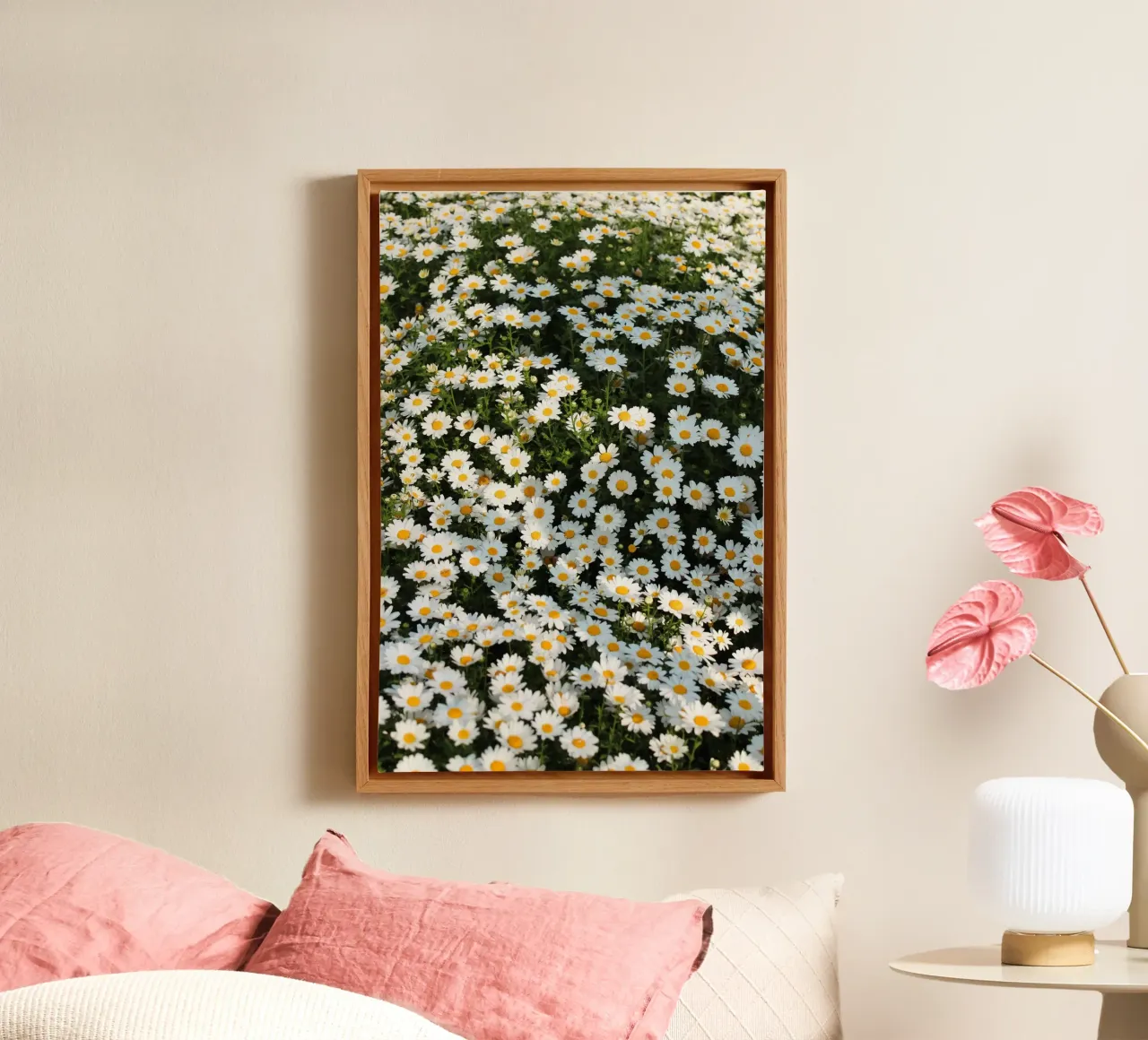 Beautiful field of white daisies in bloom canvas with Floater frame by Lisa Lee