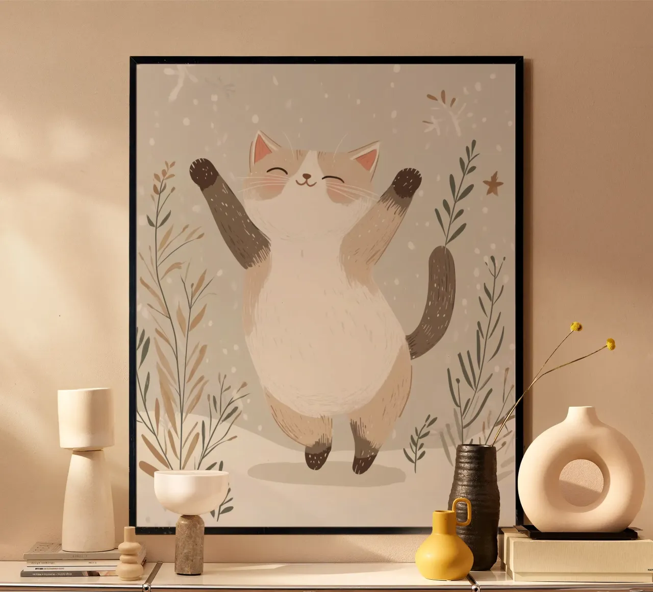 Gatto capriccioso poster con telaio in legno da Happy Littles