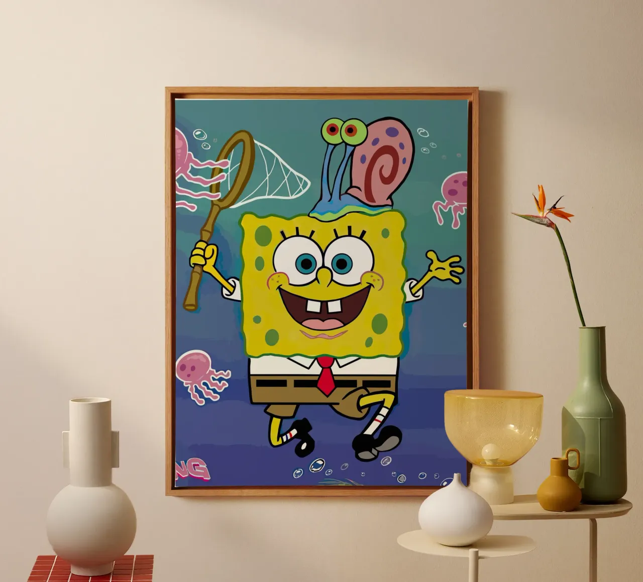 Spongebob and Gary catch jellyfish toile avec Caisse américaine de Dumery Art