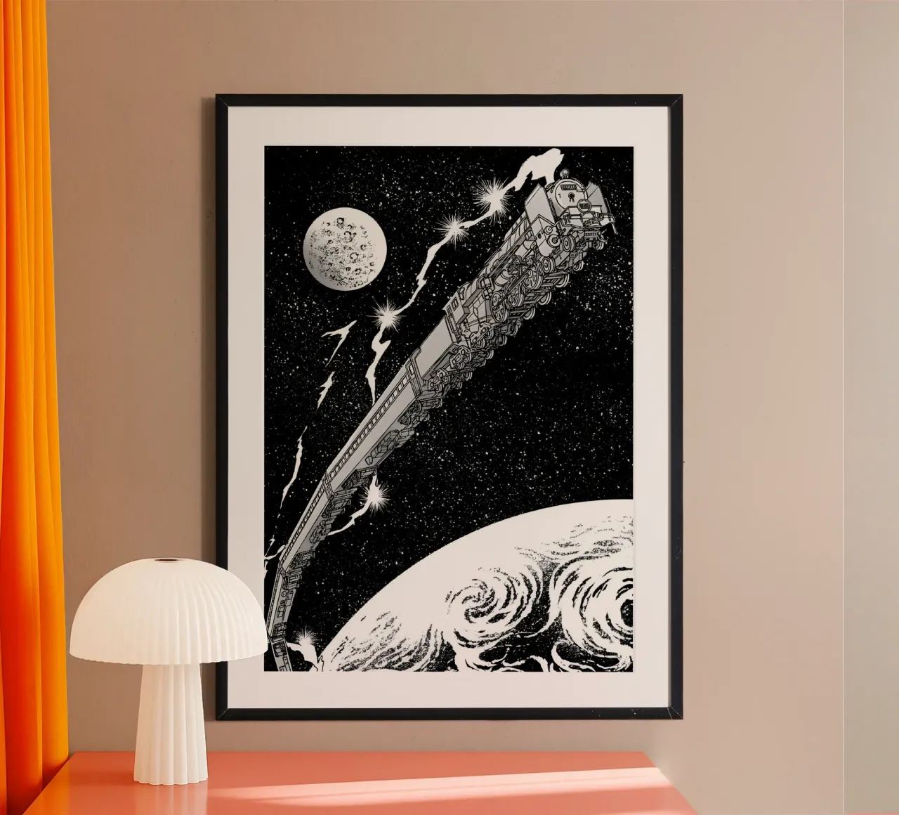 A space train travels through the cosmos poster con telaio in plastica da Low poly art