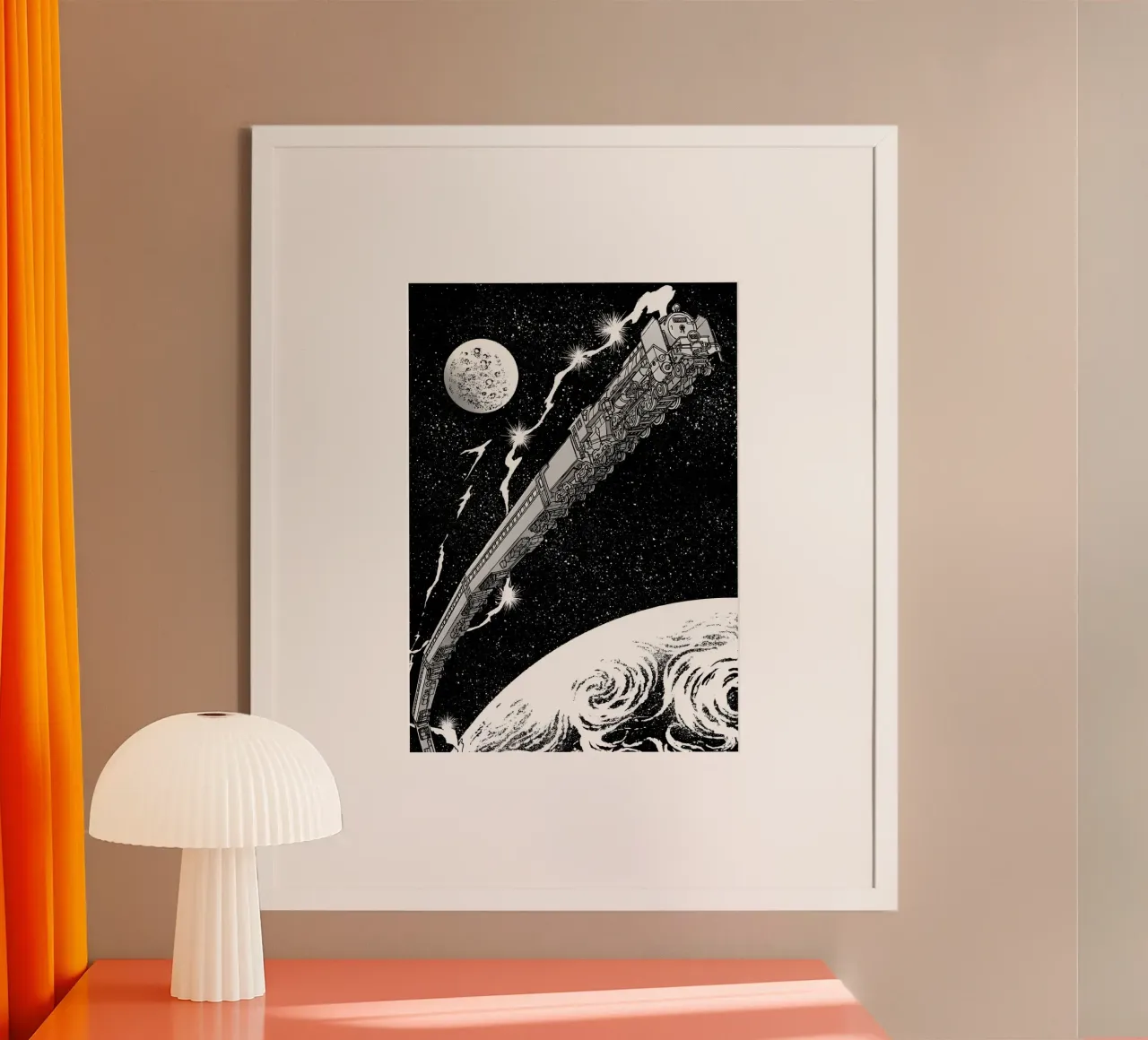 A space train travels through the cosmos poster con telaio in plastica da Low poly art