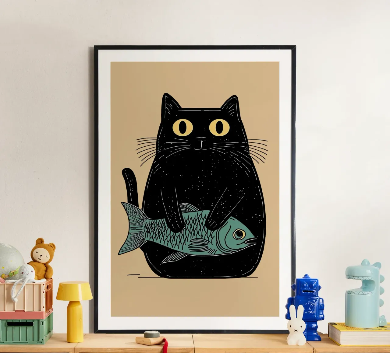 Racconto di gatti e pesci poster con telaio in legno da Arjun