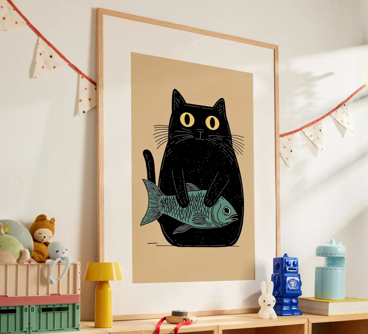 Racconto di gatti e pesci poster con telaio in legno da Arjun