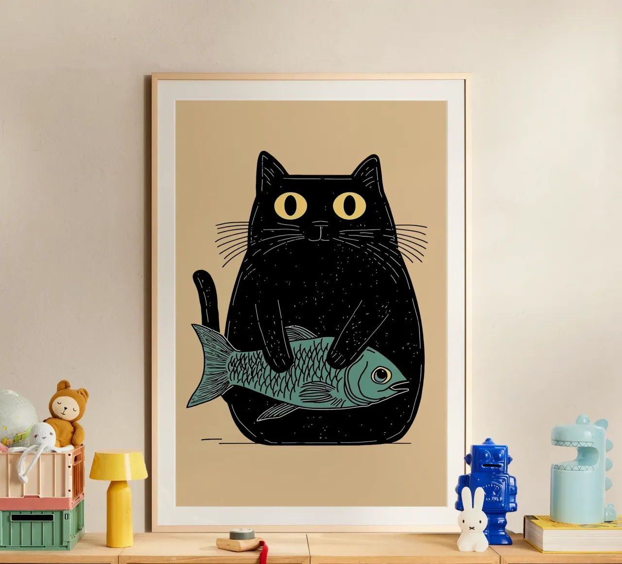 Racconto di gatti e pesci poster con telaio in legno da Arjun