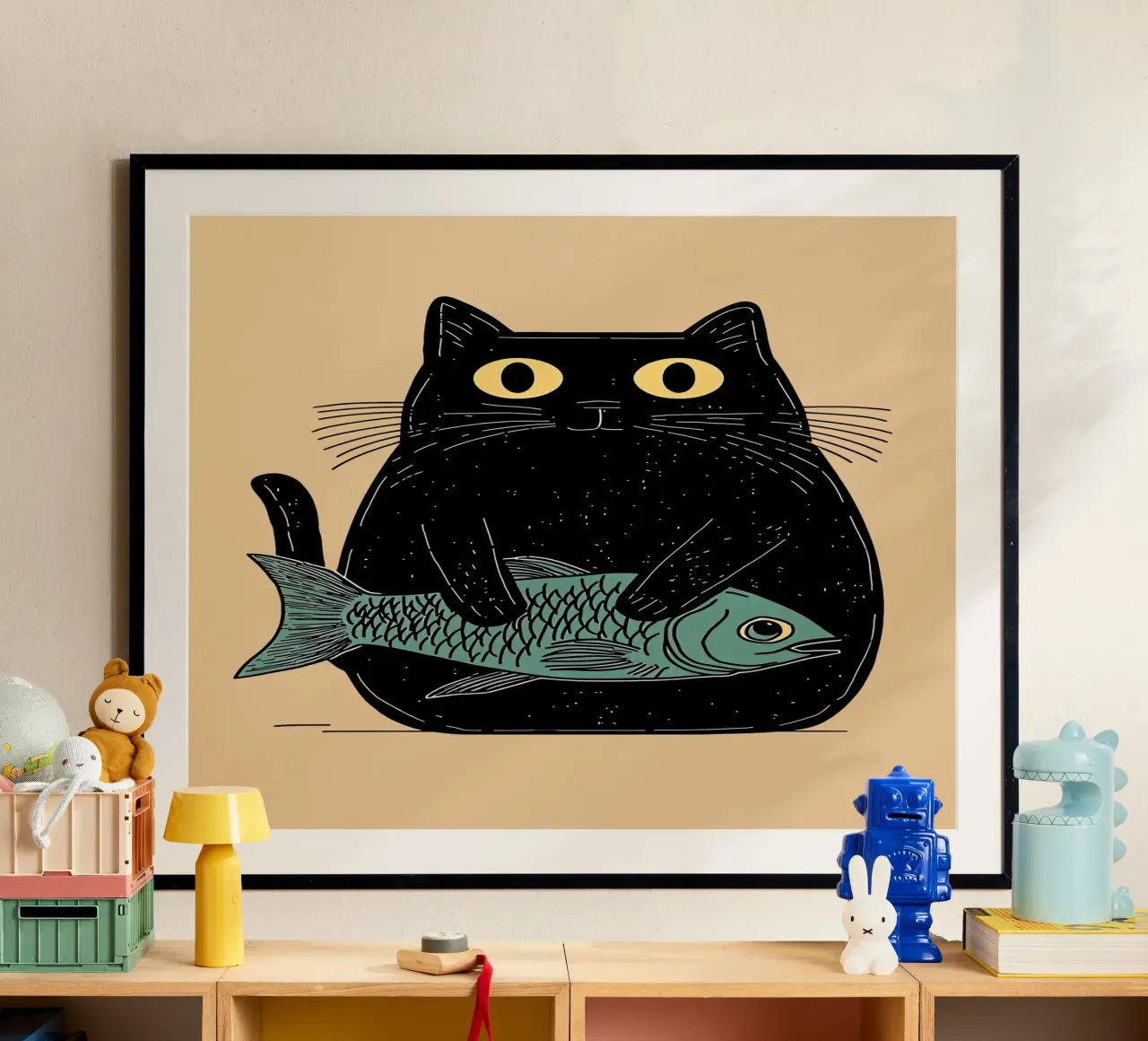 Racconto di gatti e pesci poster con telaio in legno da Arjun