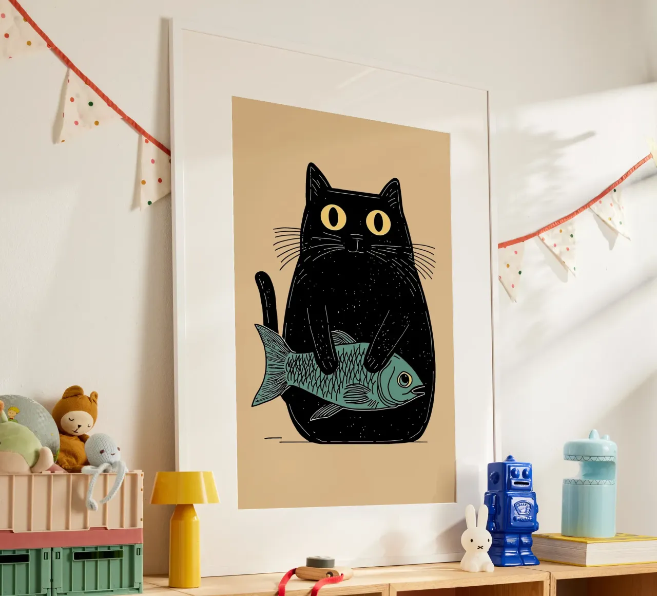 Racconto di gatti e pesci poster con telaio in legno da Arjun