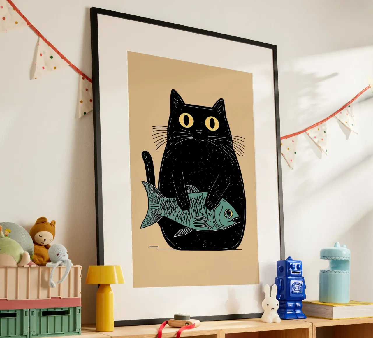 Racconto di gatti e pesci poster con telaio in legno da Arjun