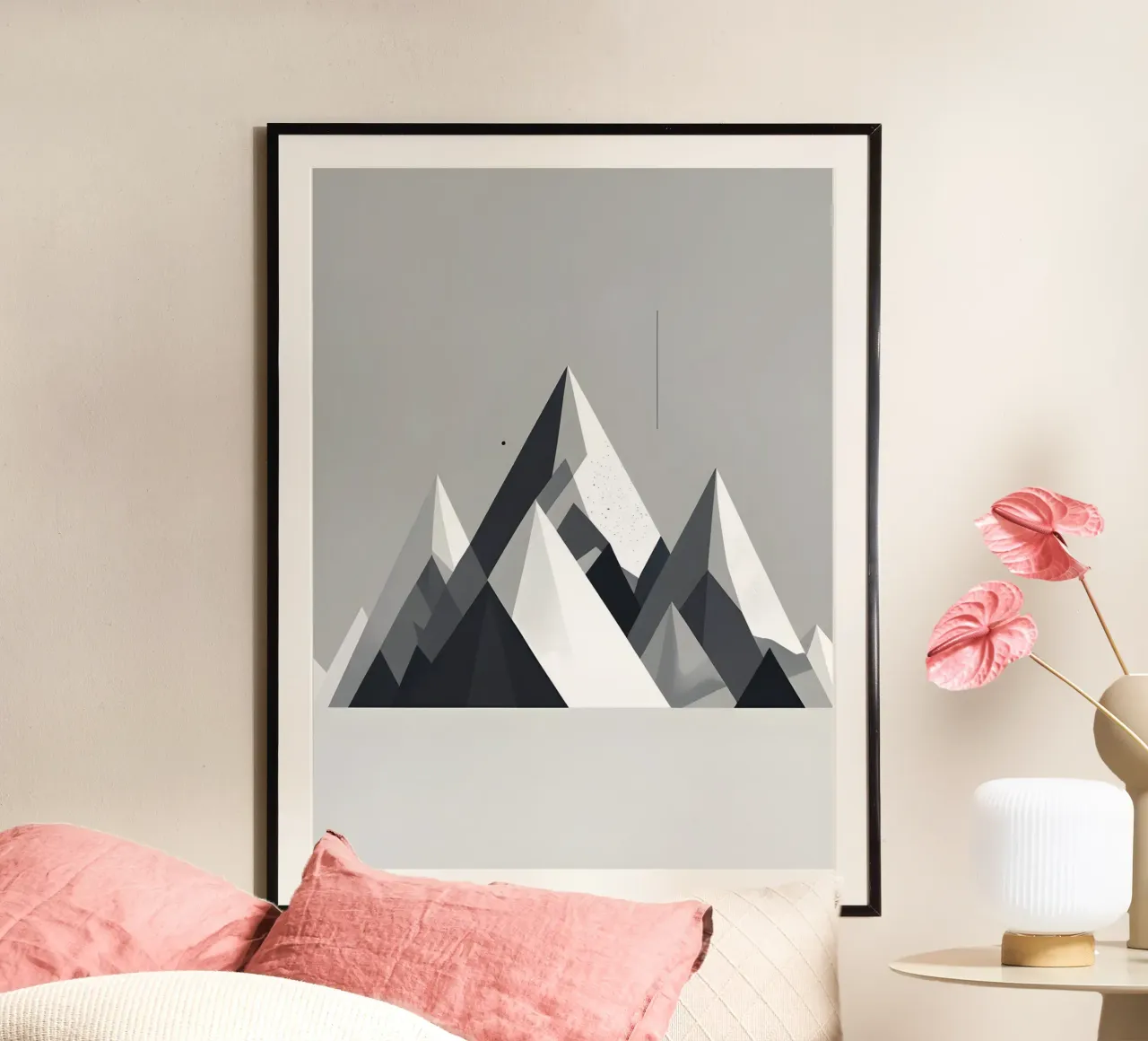 Triángulos abstractos de montaña poster con marco de madera de botanical