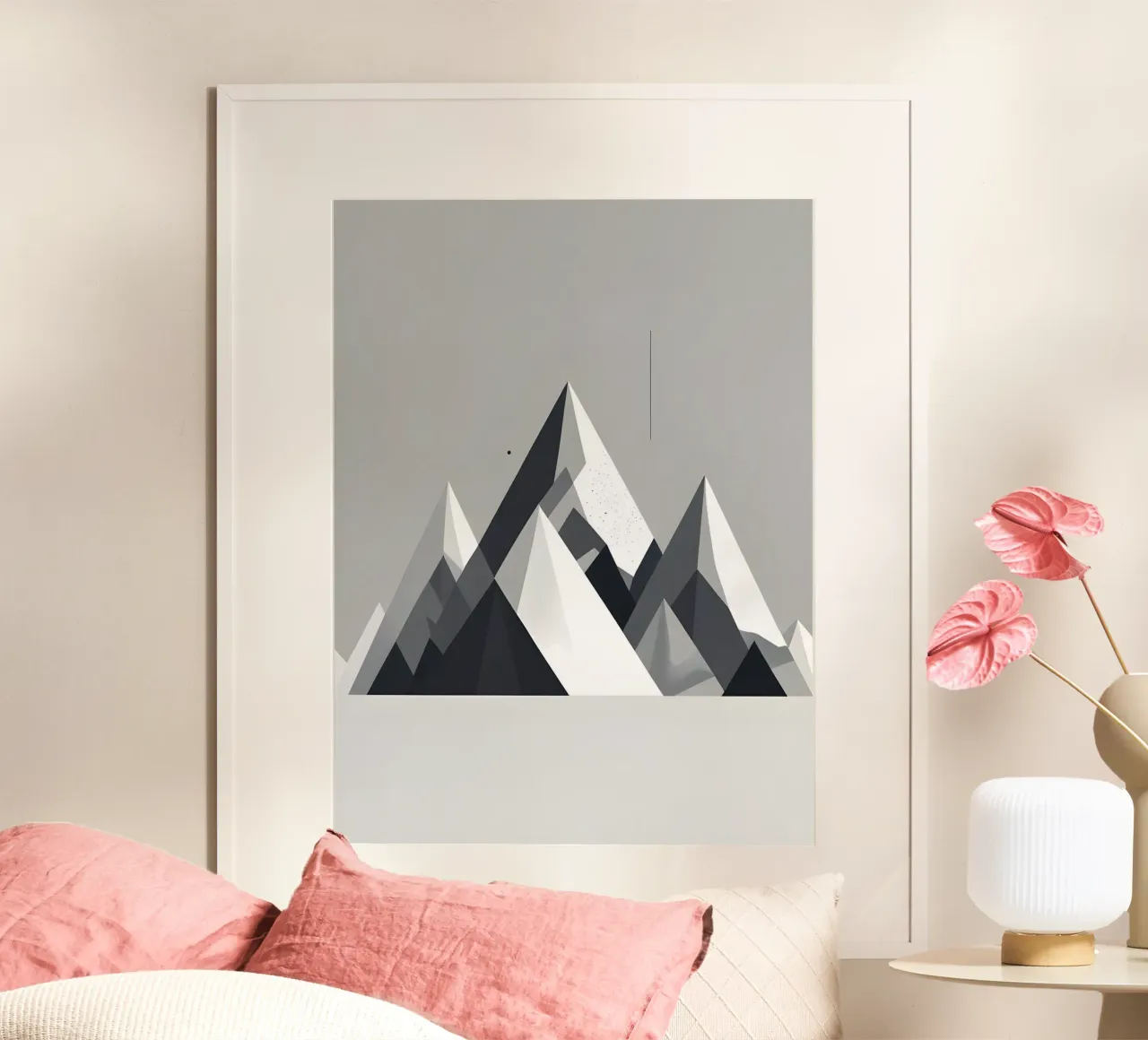 Triángulos abstractos de montaña poster con marco de madera de botanical
