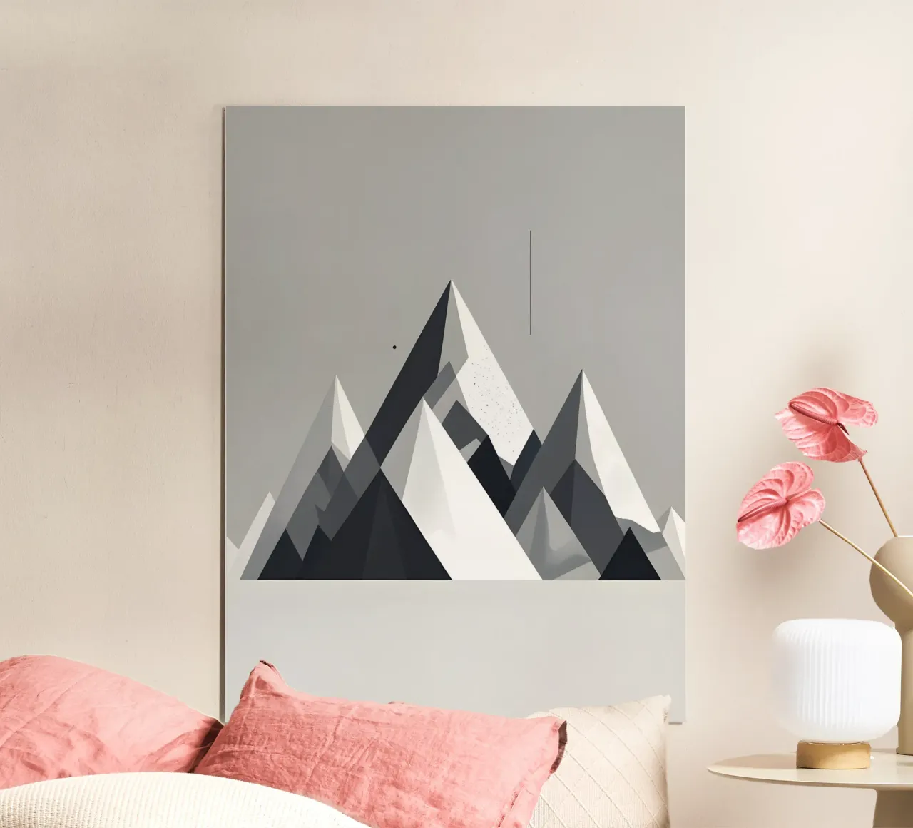 Triángulos abstractos de montaña poster con marco de madera de botanical