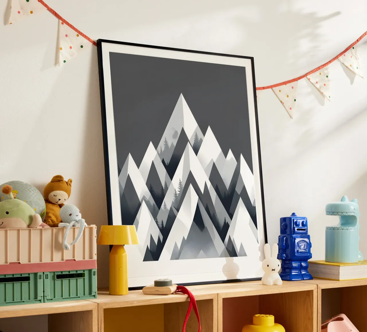 Triángulos abstractos de montaña poster con marco de madera de botanical