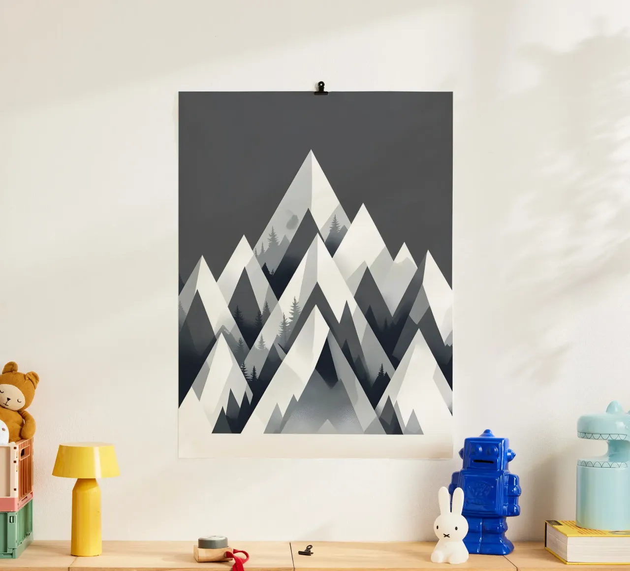 Triángulos abstractos de montaña poster con marco de madera de botanical