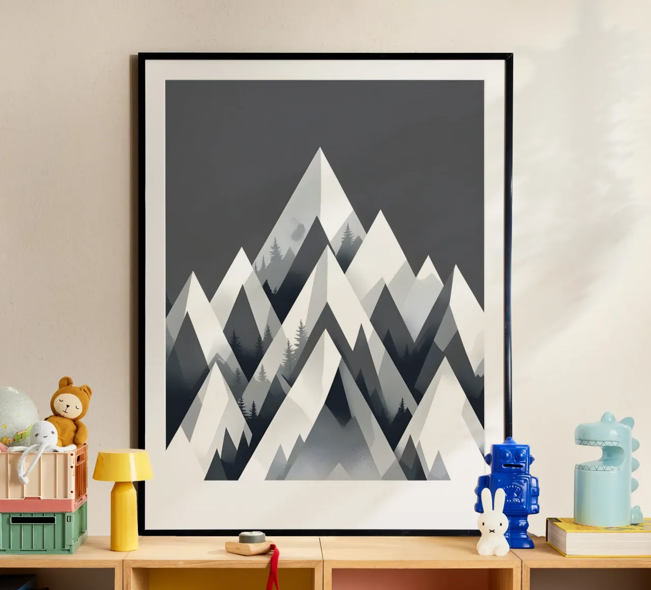 Triángulos abstractos de montaña poster con marco de madera de botanical