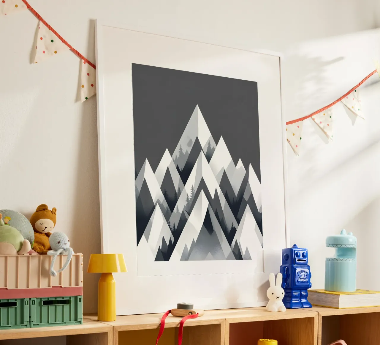 Triángulos abstractos de montaña poster con marco de madera de botanical