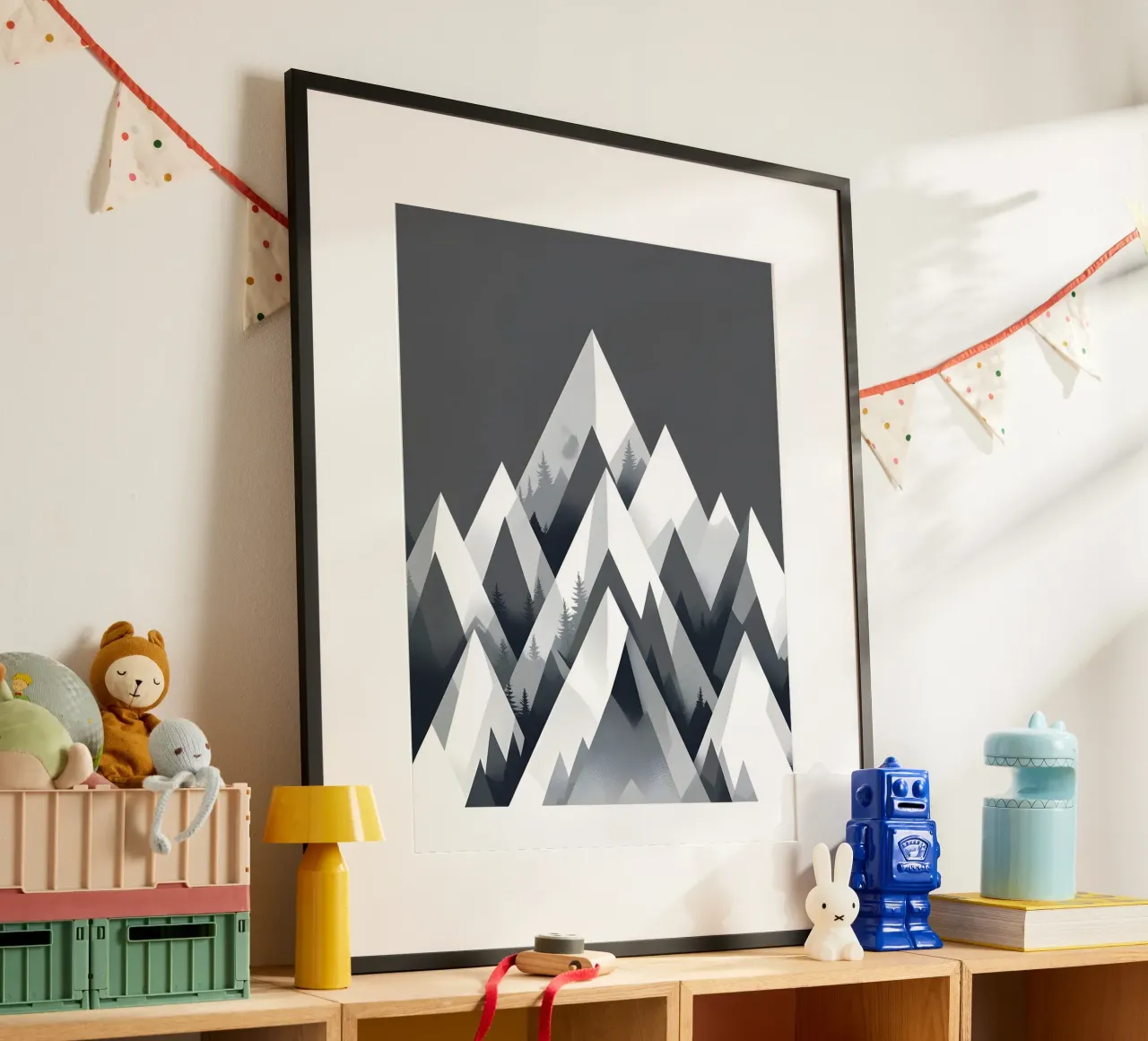 Triángulos abstractos de montaña poster con marco de madera de botanical