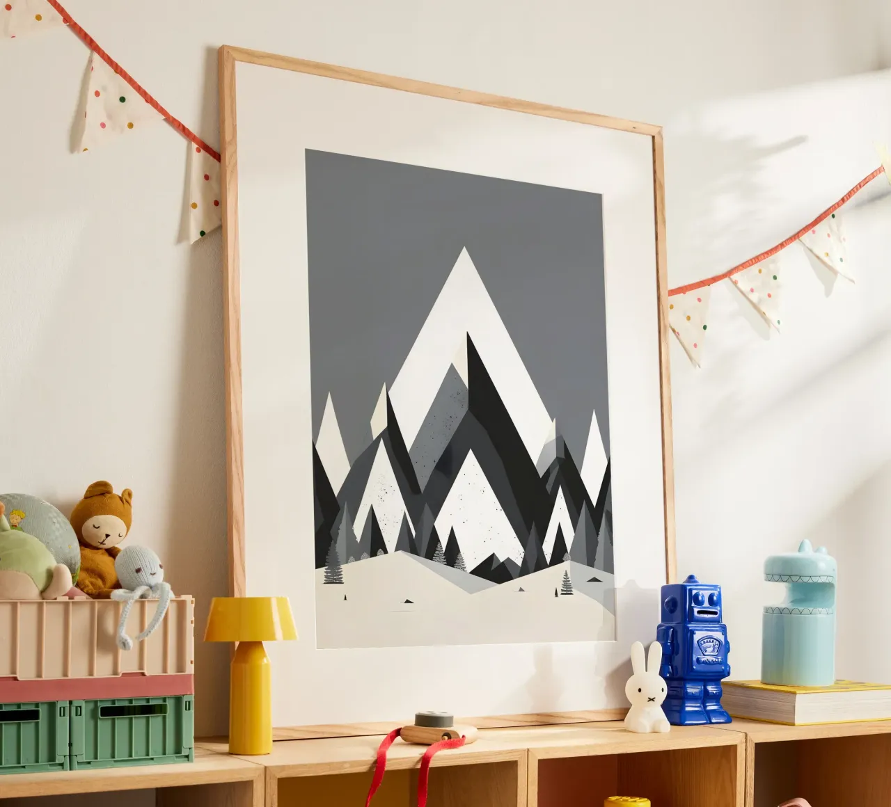 Triángulos abstractos de montaña poster con marco de madera de botanical