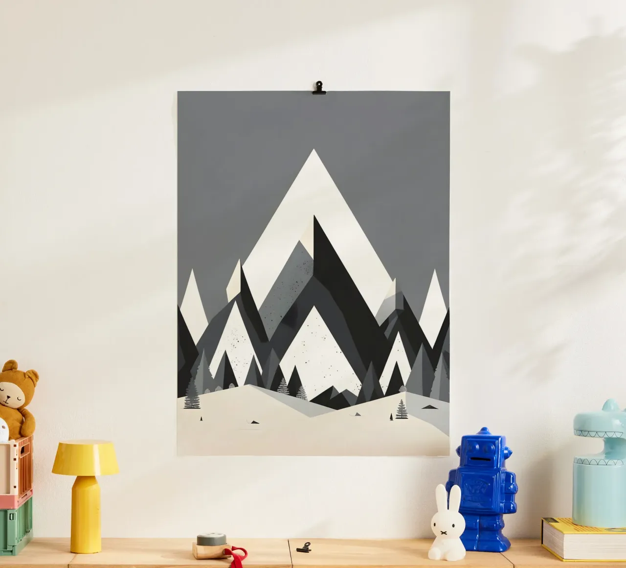Triángulos abstractos de montaña poster con marco de madera de botanical