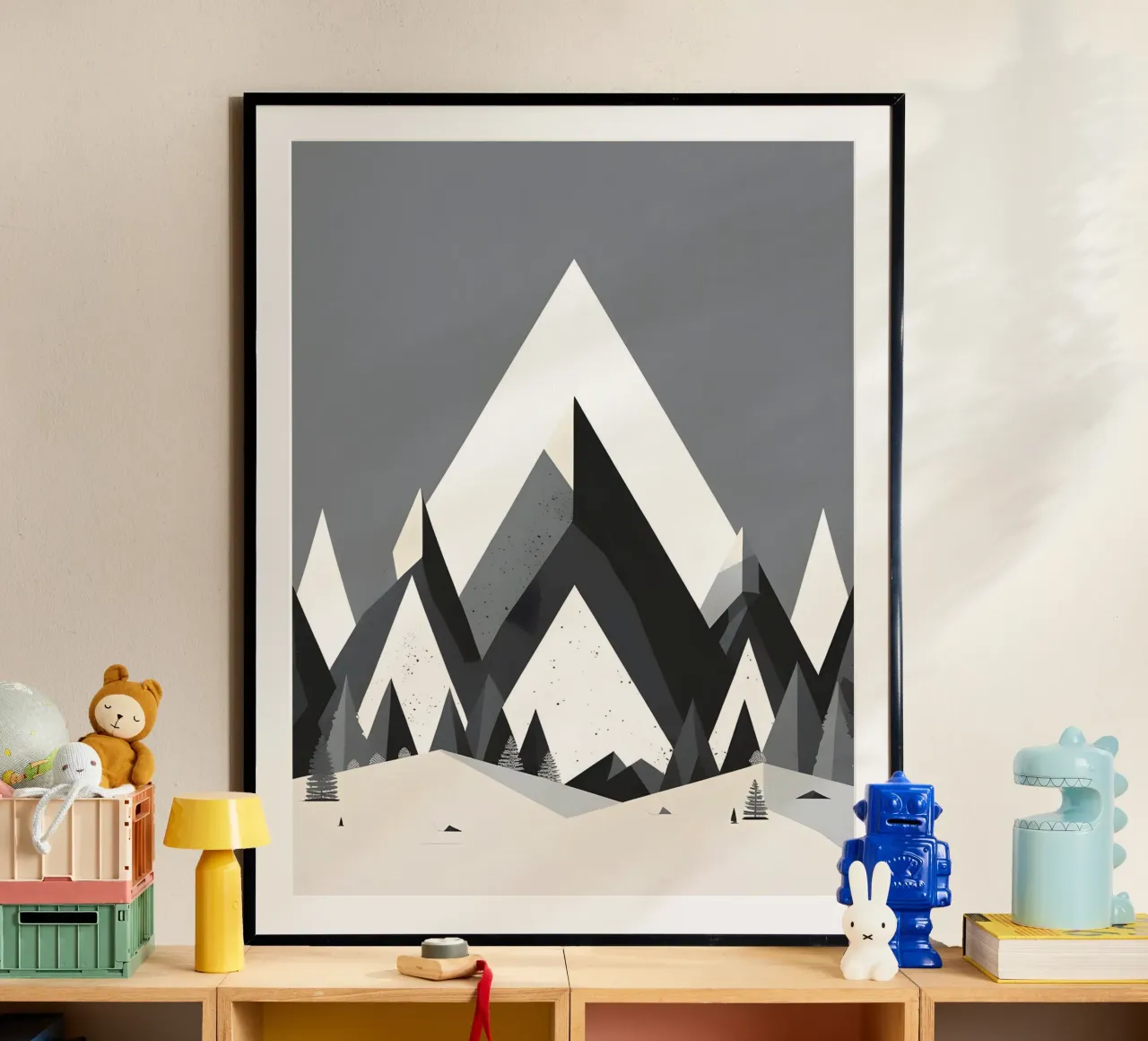 Triángulos abstractos de montaña poster con marco de madera de botanical