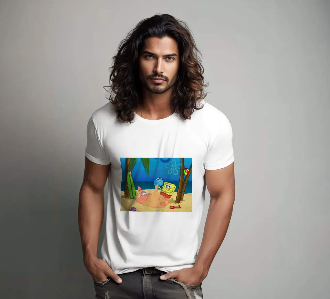 SpongeBob and Patrick playing in the sand on the beach t-shirt de Dumery Art