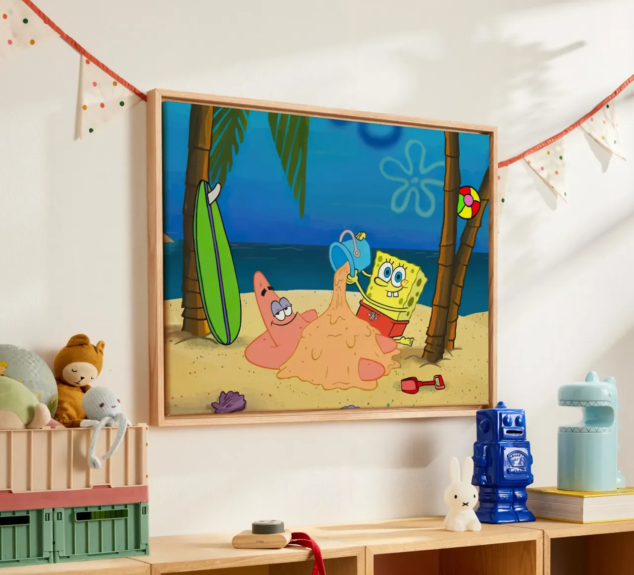 SpongeBob and Patrick playing in the sand on the beach Leinwand mit Schattenfugenrahmen von Dumery Art