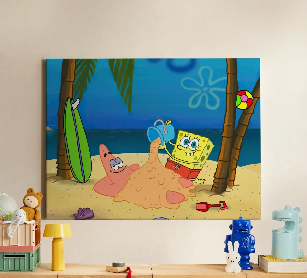 SpongeBob and Patrick playing in the sand on the beach Leinwand mit Schattenfugenrahmen von Dumery Art