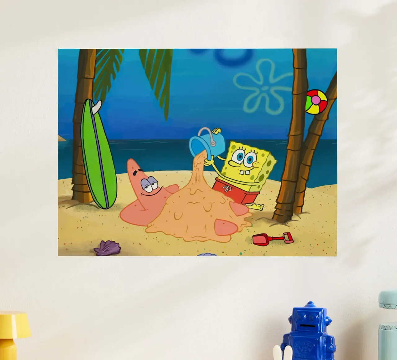 SpongeBob and Patrick playing in the sand on the beach poster con telaio in legno da Dumery Art