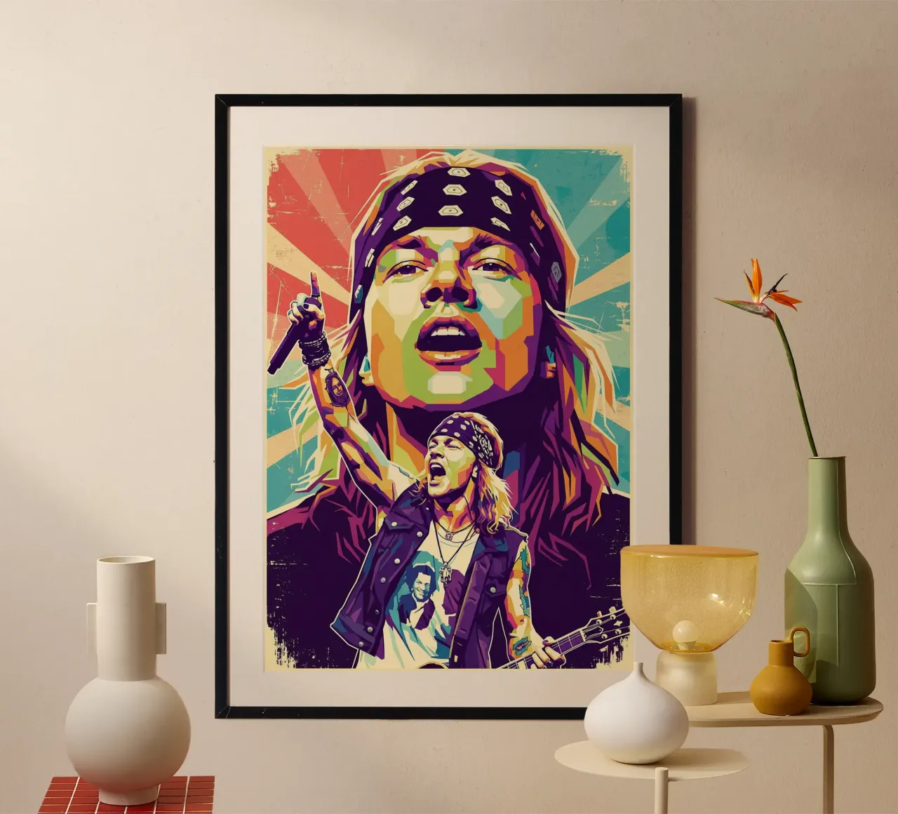 Ritratto pop art di Axl Rose poster con telaio in alluminio da Hantamrata