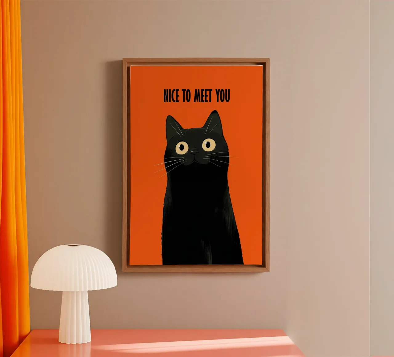 Nice To Meet You | De zwarte kat verwelkomt de gasten canvas met Baklijst van Autofocus