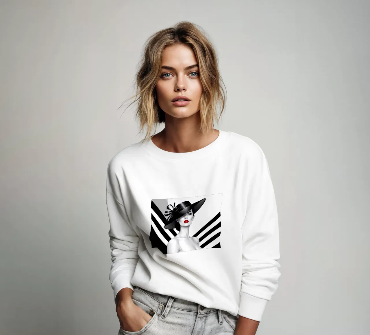 Ritratto di donna con disegno in bianco e nero e labbra rosse felpa da BenCoStyle