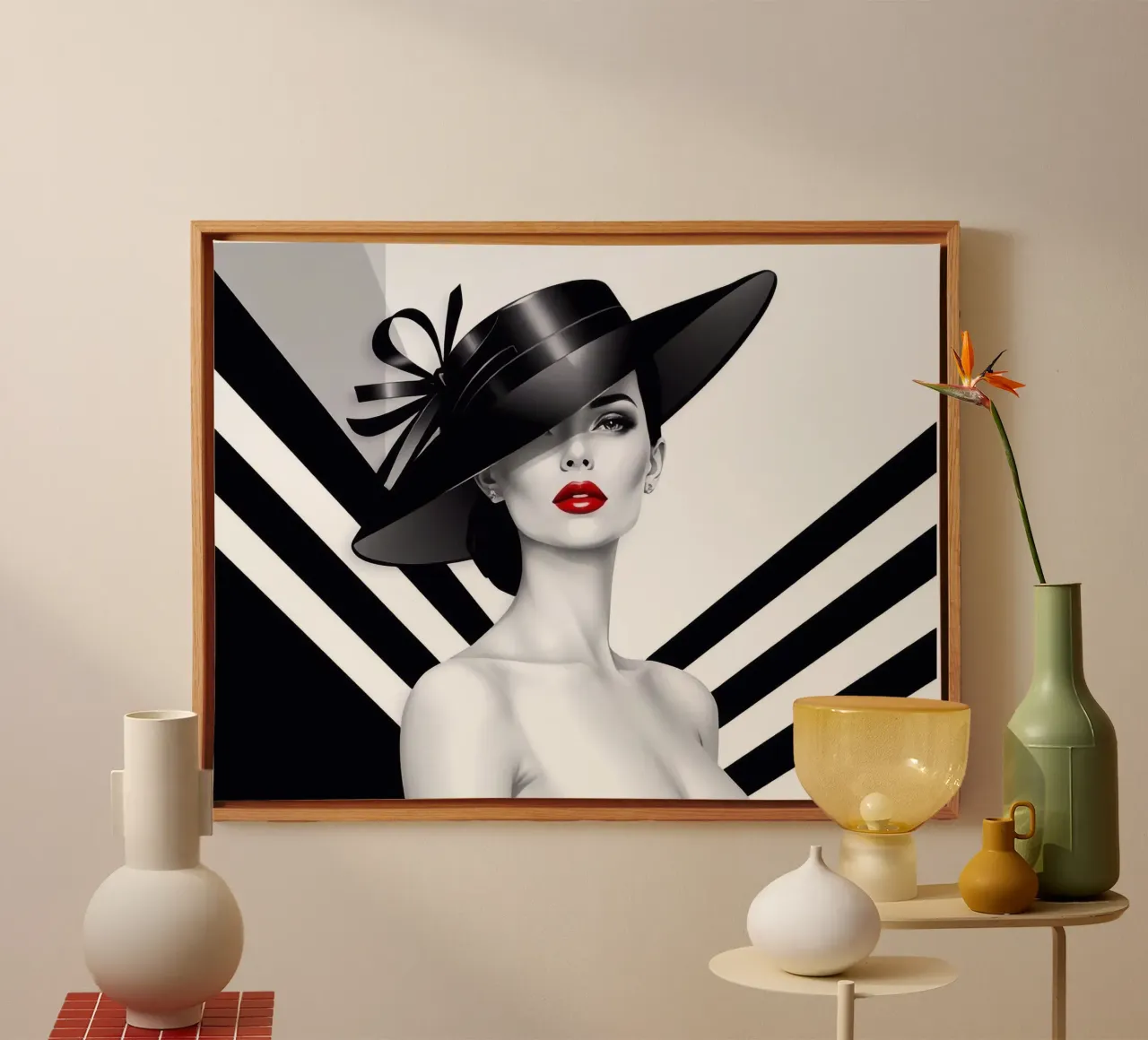 Ritratto di donna con disegno in bianco e nero e labbra rosse tela con Cornice a cassetta da BenCoStyle