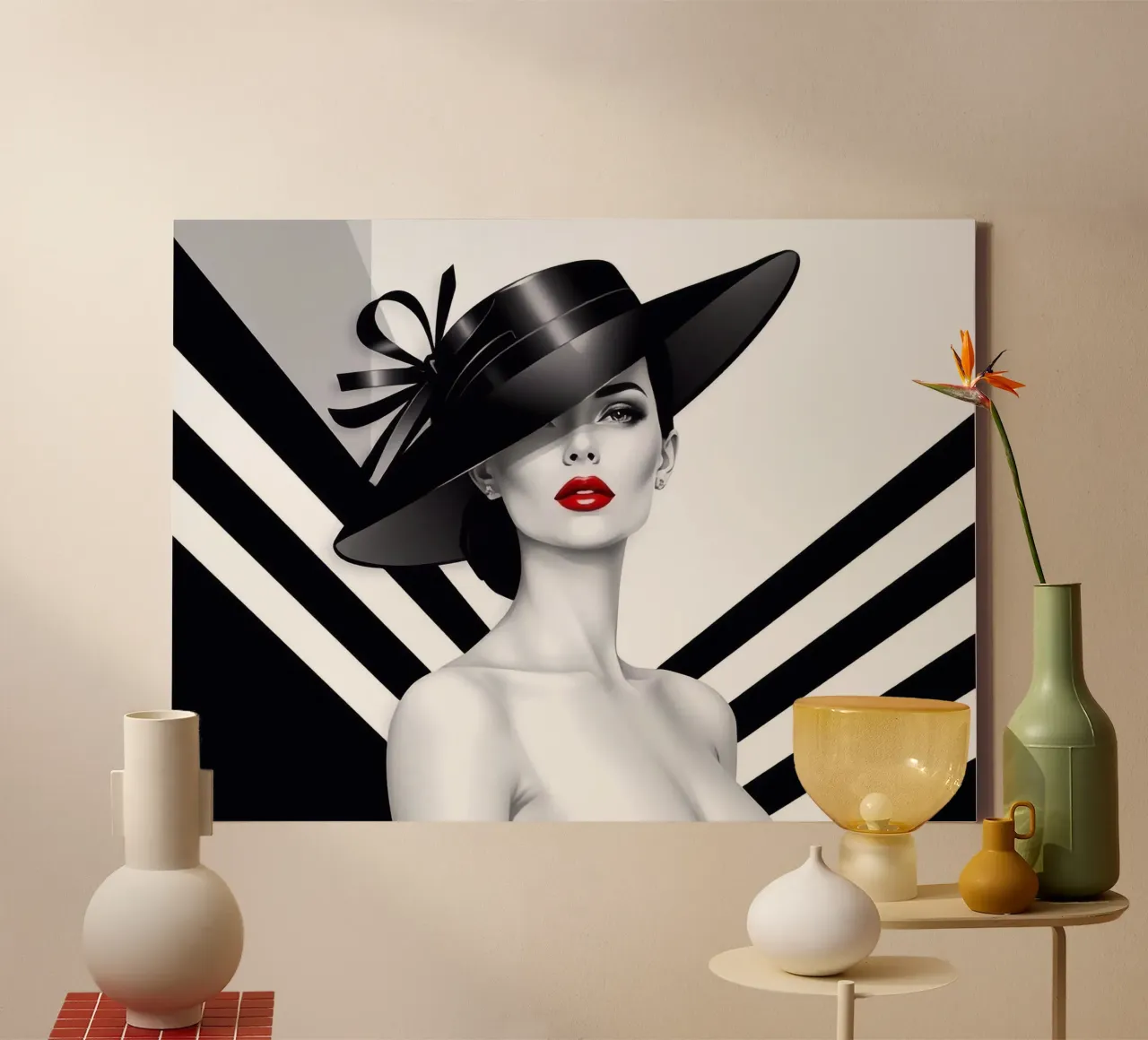 Ritratto di donna con disegno in bianco e nero e labbra rosse tela con Cornice a cassetta da BenCoStyle