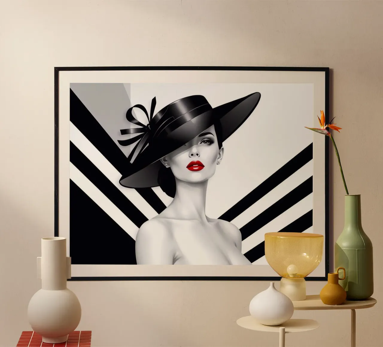 Portret van een vrouw in zwart-wit design met rode lippen poster van BenCoStyle