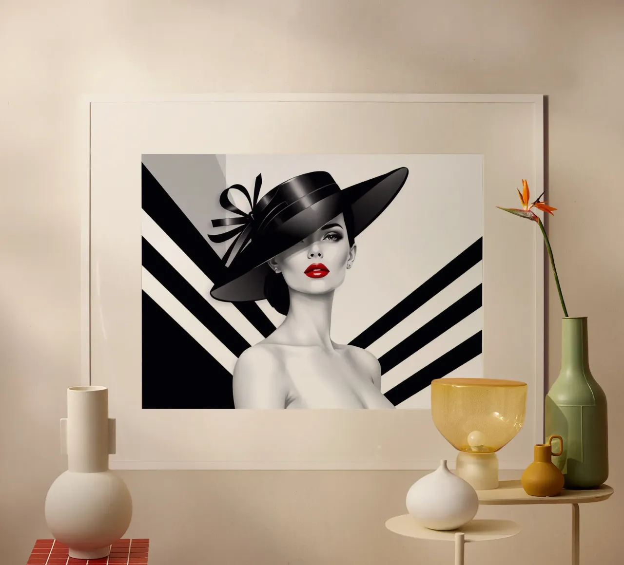 Portret van een vrouw in zwart-wit design met rode lippen poster van BenCoStyle