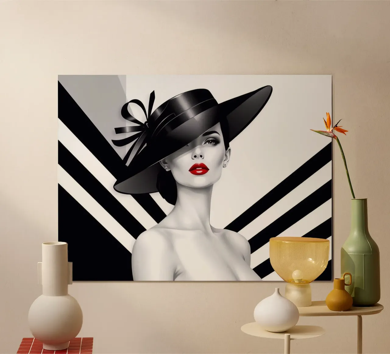 Portret van een vrouw in zwart-wit design met rode lippen poster van BenCoStyle