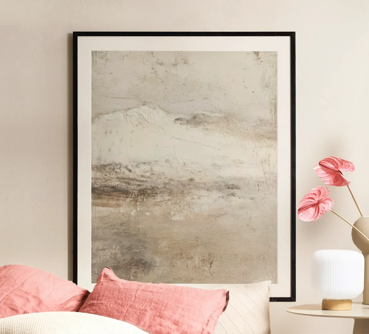 Texturierte neutrale abstrakte Landschaftsmalerei auf Leinwand Poster mit Kunststoffrahmen von Artbyvo