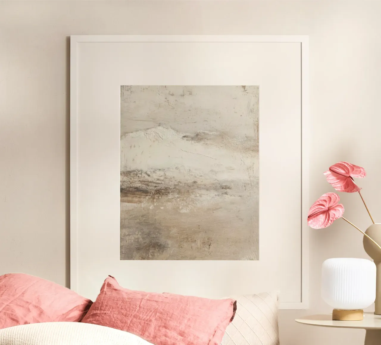 Texturierte neutrale abstrakte Landschaftsmalerei auf Leinwand Poster mit Kunststoffrahmen von Artbyvo