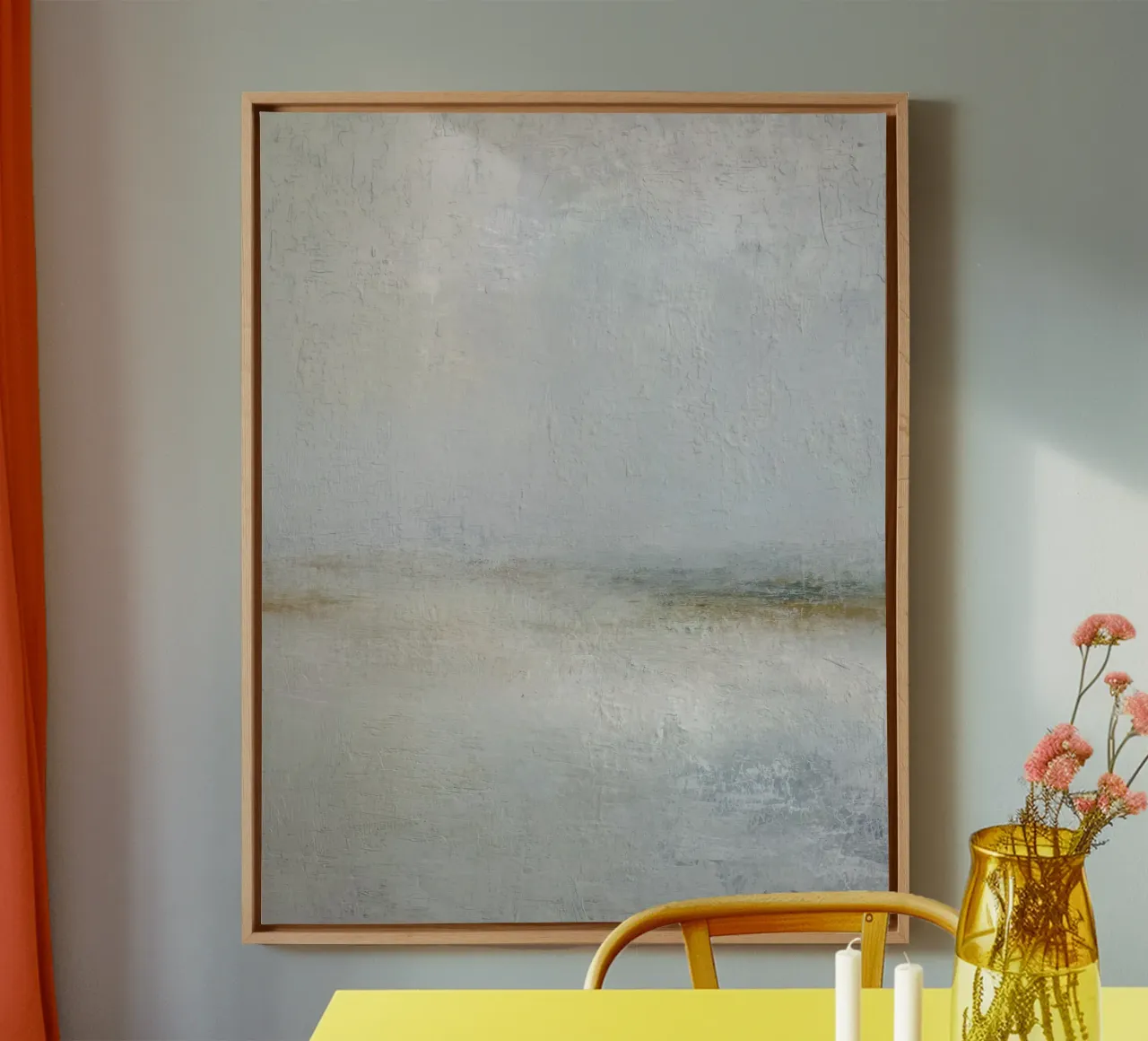 Minimalistisch abstract zeegezicht in zachte blauwe tinten canvas met Baklijst van Artbyvo