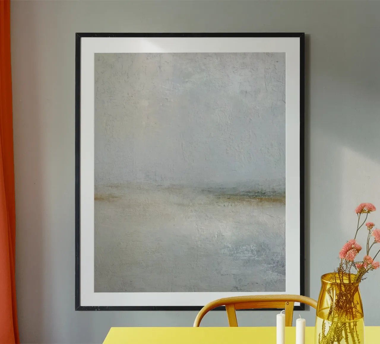 Minimalistische abstrakte Meereslandschaft Gemälde in weichen Blautönen Poster mit Kunststoffrahmen von Artbyvo