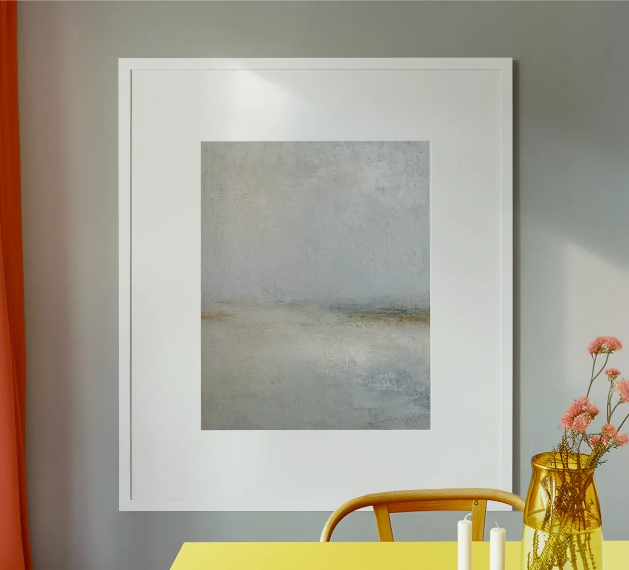Minimalistische abstrakte Meereslandschaft Gemälde in weichen Blautönen Poster mit Kunststoffrahmen von Artbyvo
