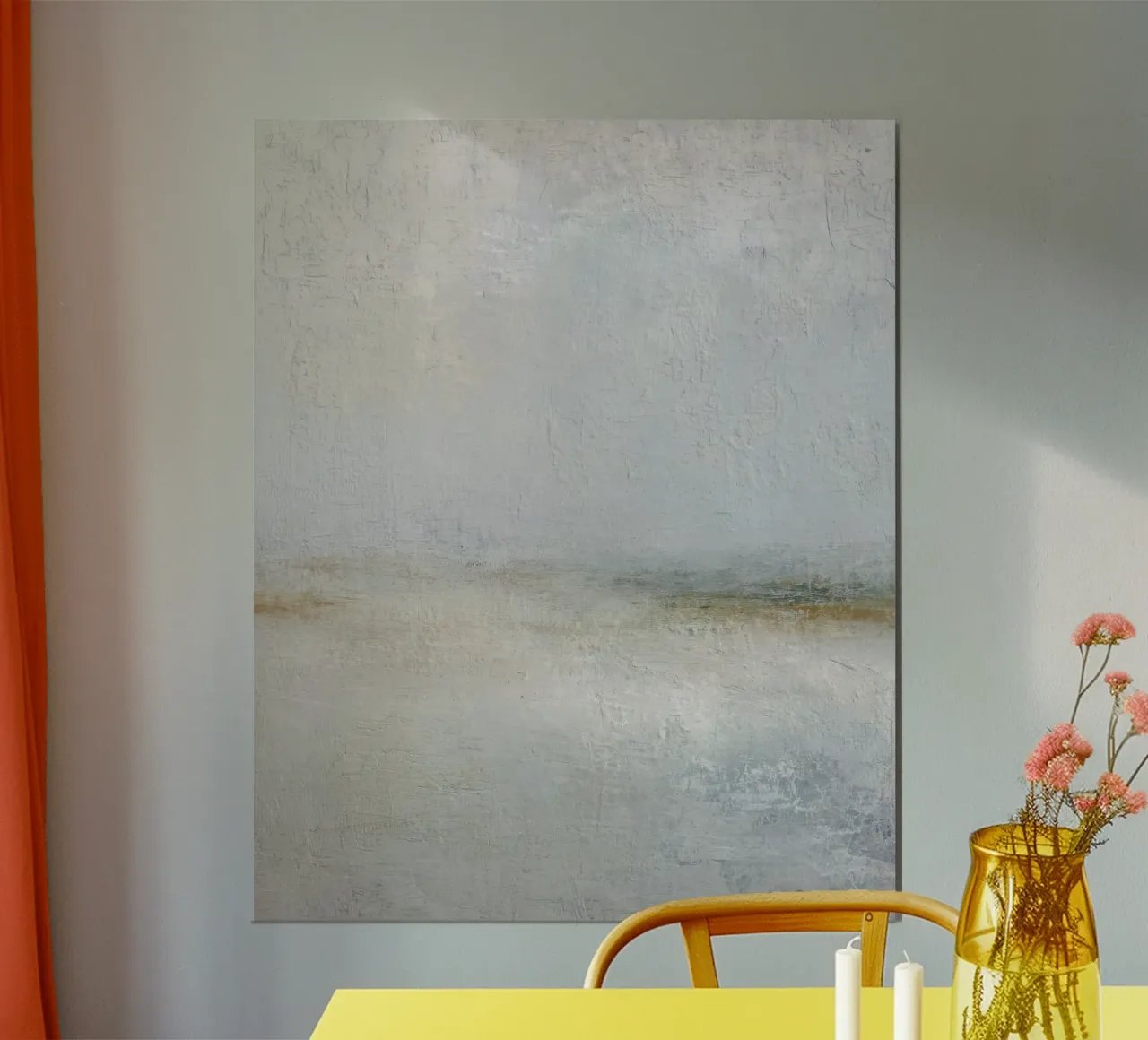Minimalistische abstrakte Meereslandschaft Gemälde in weichen Blautönen Poster mit Kunststoffrahmen von Artbyvo