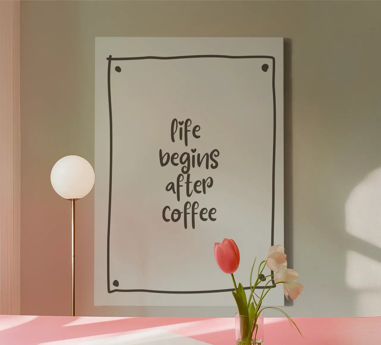 DAS LEBEN BEGINNT NACH DEM KAFFEE Leinwand mit Schattenfugenrahmen von PurePeachStudio