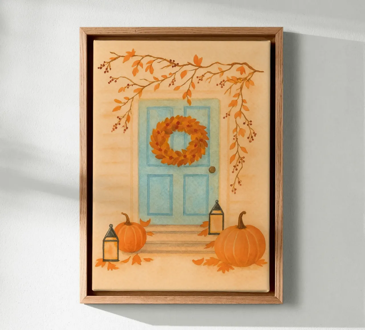 Accogliente porta d'autunno: Arte della stagione autunnale ad acquerello tela con Cornice a cassetta da vintagepod