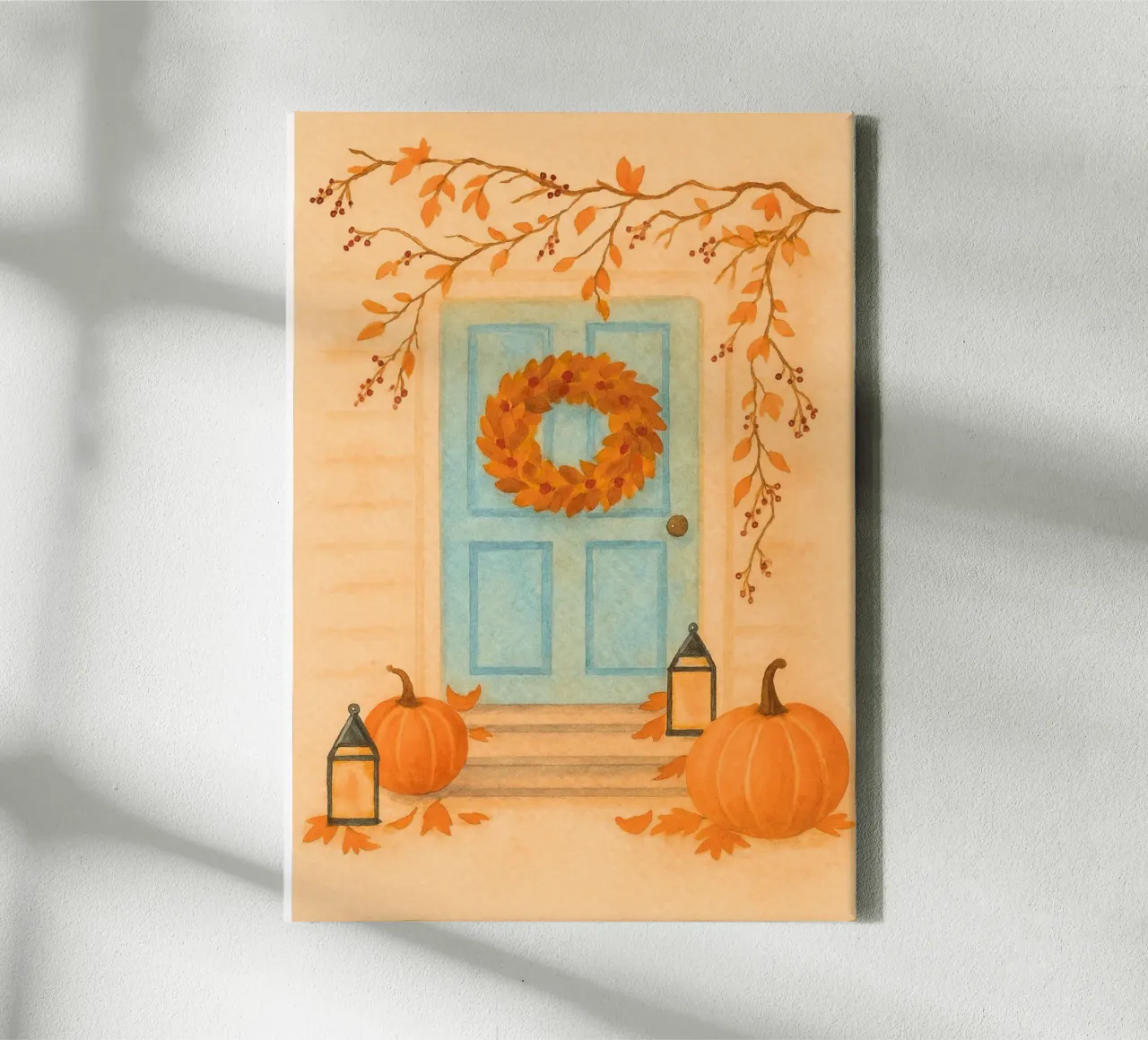 Accogliente porta d'autunno: Arte della stagione autunnale ad acquerello tela con Cornice a cassetta da vintagepod