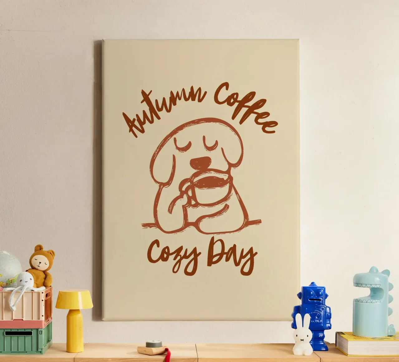 Herfst Koffie Gezellige Dag: Minimalistische hondenkunst canvas met Baklijst van vintagepod
