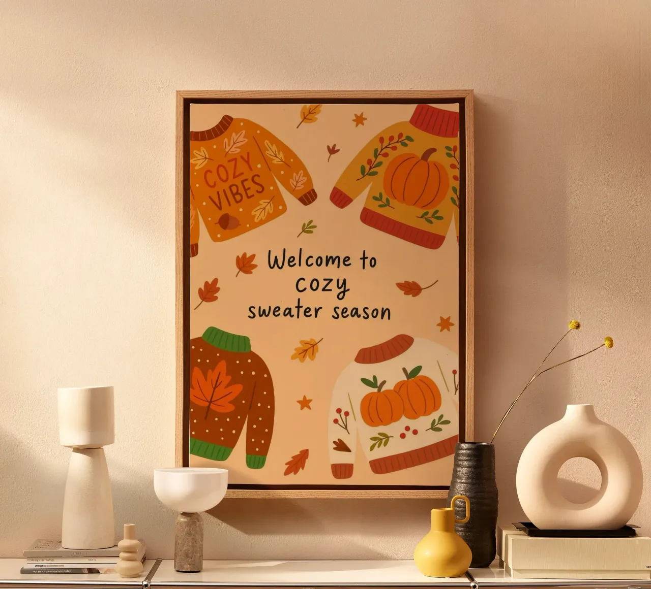 Gemütliche Pullover-Saison: Herbst Vibes Kunstdruck Leinwand mit Schattenfugenrahmen von vintagepod