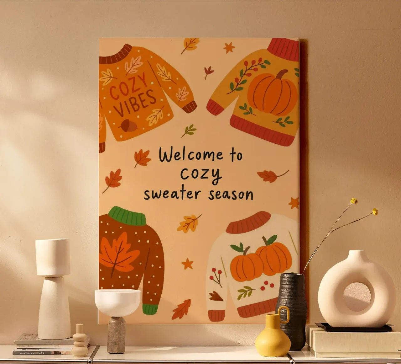 Gemütliche Pullover-Saison: Herbst Vibes Kunstdruck Leinwand mit Schattenfugenrahmen von vintagepod