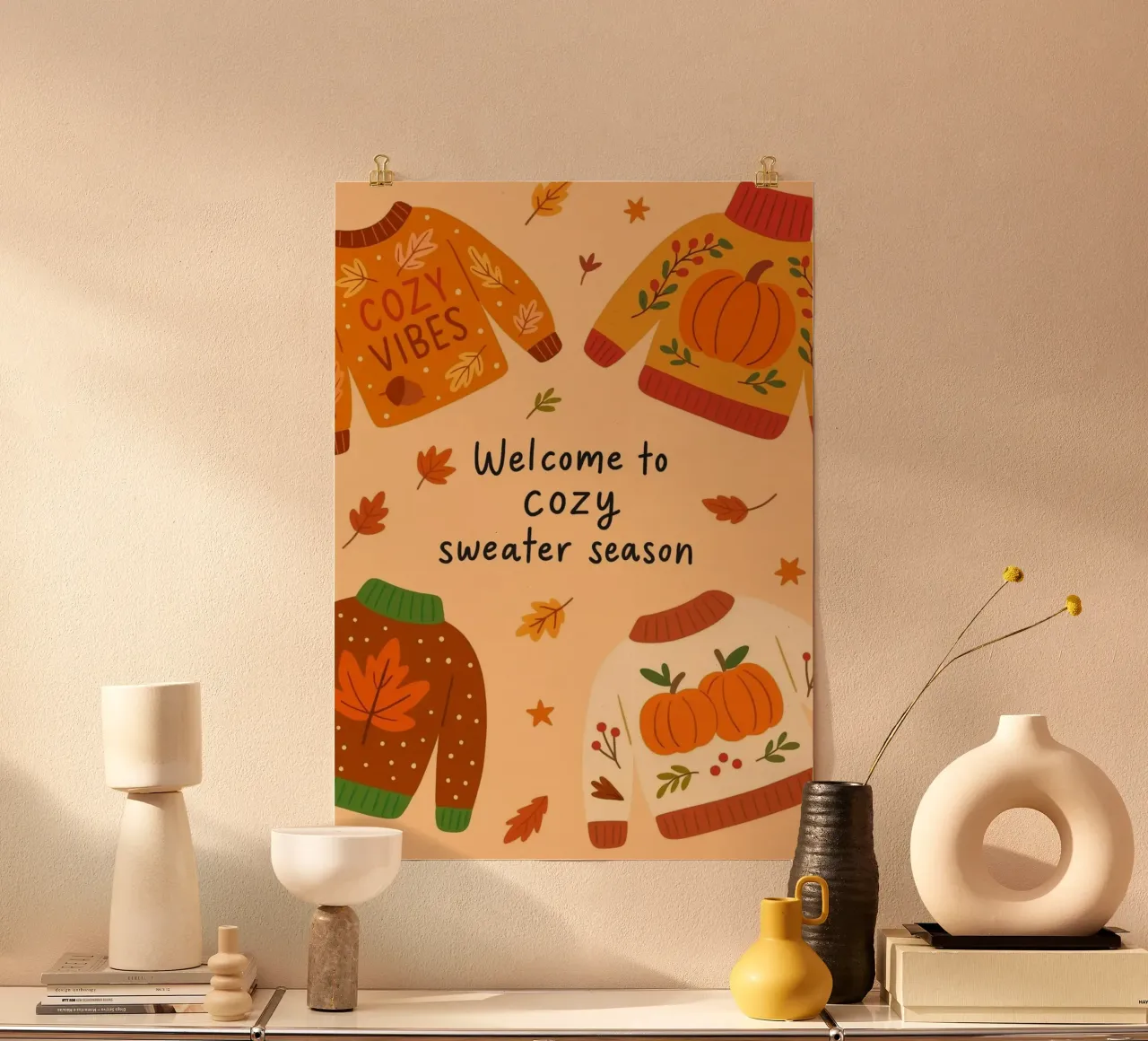 Stagione dei maglioni: Stampa d'arte sulle vibrazioni dell'autunno poster con telaio in legno da vintagepod