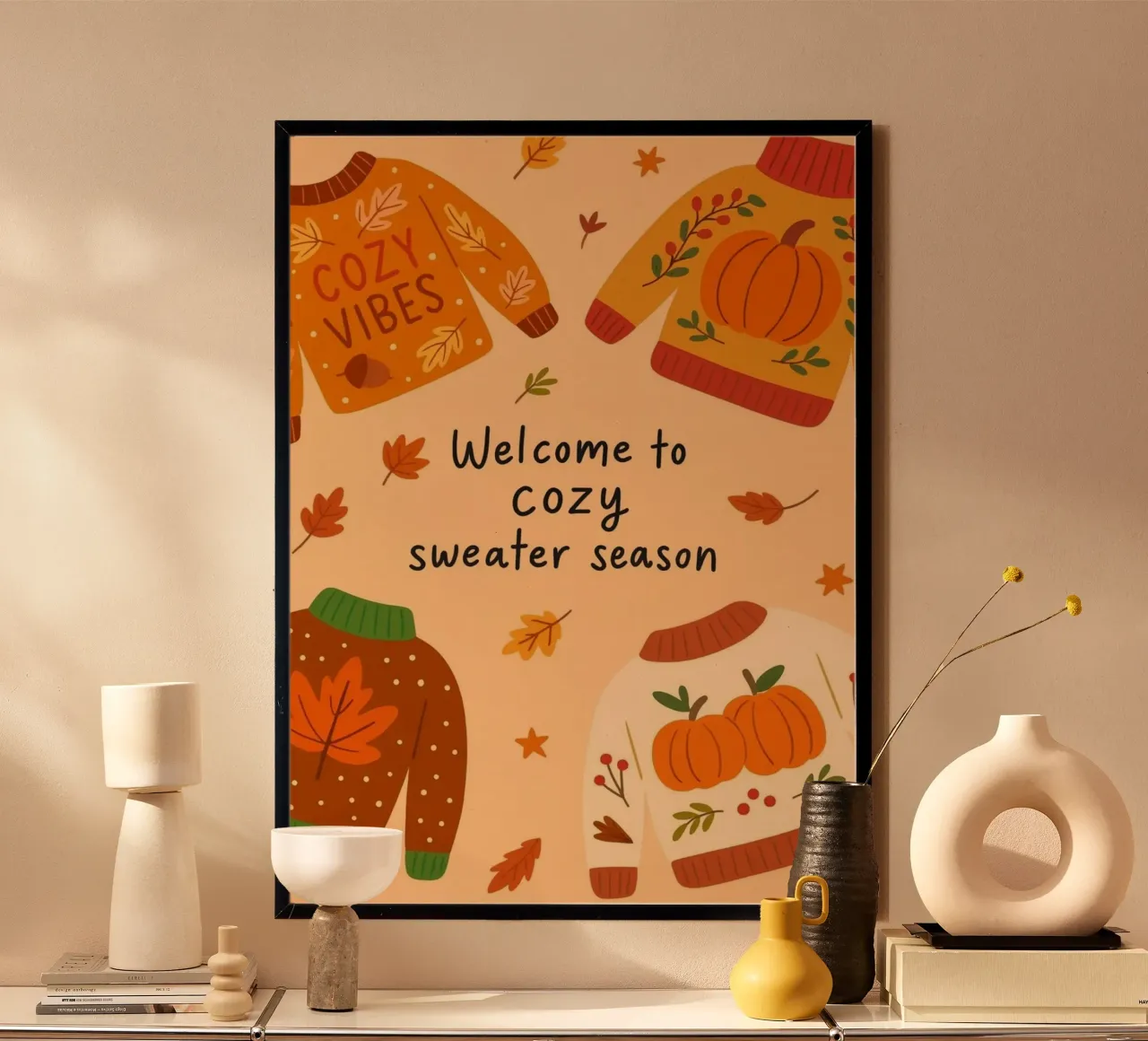 Stagione dei maglioni: Stampa d'arte sulle vibrazioni dell'autunno poster con telaio in legno da vintagepod